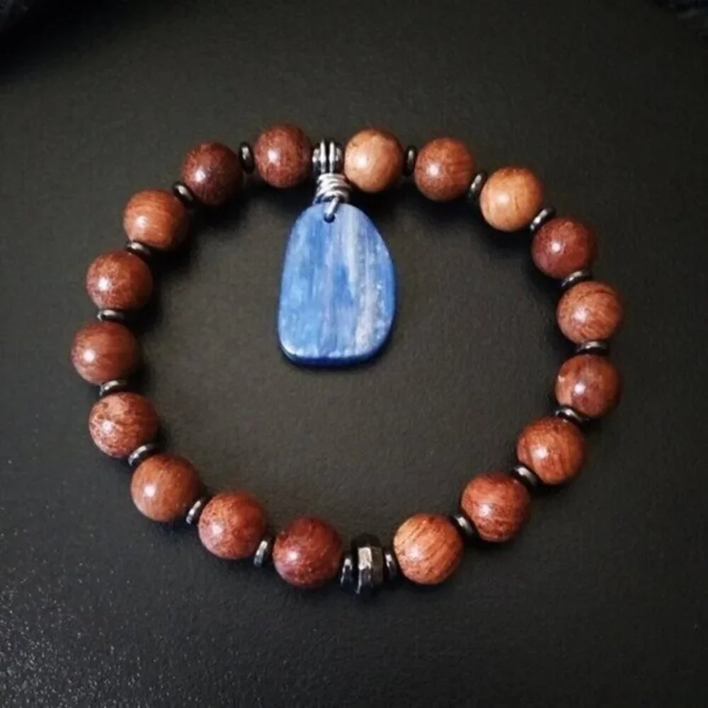 Blue Kyanite + Hematite + Wood ~ Beaded Stretch Bracelet ~ 6-6.5